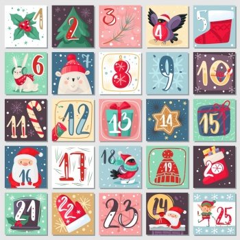Christmas advent calendar. Winter festive poster with holiday animals rabbit, bear and santa, xmas decoration and numbers, december calendar vector cartoon template. Christmas advent calendar. Winter festive poster with rabbit, bear and santa, xmas decoration and numbers, december calendar vector template