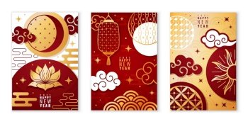 Chinese posters. Asian new year cards with decorative traditional elements, oriental style patterns, festive lanterns, sun moon and clouds. Elegant golden and red colored vector vertical banners set. Chinese posters. Asian new year cards with decorative traditional elements, oriental style patterns, festive lanterns, sun moon and clouds. Golden and red colored vector vertical banners