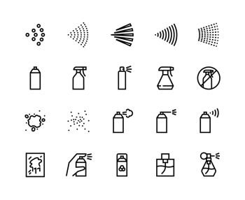 Spray line icons. Can with cleaning aerosol, outline hand with sprayer, disinfectant deodorant and perfumes. Vector isolated set black symbols cans sprayer for cleaning house or pest control. Spray line icons. Can with cleaning aerosol, outline hand with sprayer, disinfectant deodorant and perfumes. Vector isolated set