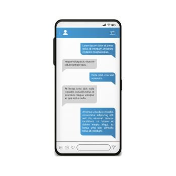 Chat on phone screen. Mobile messenger template. Social network mock up with message using in dialogue. Vector cellphone template concept chatting technology. Chat on phone screen. Mobile messenger template. Social network mock up. Vector cellphone chatting concept