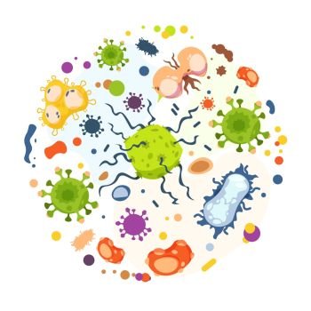 Cartoon bacteria. Virus infection, flu germs and micro organism in circle, cancer cells and epidemic disease bacterias. Vector set isolated illustration bacteria cell on white background. Cartoon bacteria. Virus infection, flu germs and micro organism in circle, cancer cells and epidemic disease bacterias. Vector isolated set