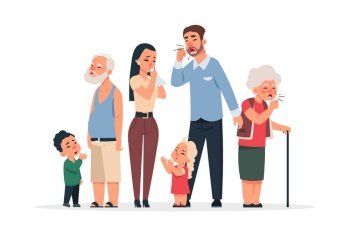 Family with virus. Coronavirus disease symptoms and prevention, cartoon young and old characters coughing and sneezing. Vector illustration ill family on quarantine concept. Family with virus. Coronavirus disease symptoms and prevention, cartoon young and old characters coughing and sneezing. Vector ill family on quarantine