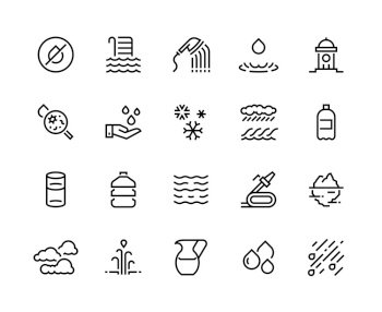 Aqua line icons. Water and liquids in containers such as glass bottle can, rain iceberg sea and geyser water sources. Vector editable strokes liquid symbol. Aqua line icons. Water and liquids in containers such as glass bottle can, rain iceberg sea and geyser water sources. Vector editable strokes