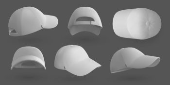 Realistic cap. White 3d baseball hat mockup template, blank clothing design for brand identity. Vector illustration merchandise set isolated on grey background. Realistic cap. White 3d baseball hat mockup template, blank clothing design for brand identity. Vector merchandise set isolated on grey