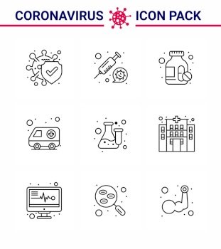 Corona virus disease 9 Line icon pack suck as  lab, chemistry, drugs, transport, car viral coronavirus 2019-nov disease Vector Design Elements