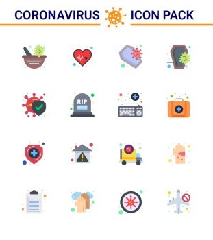 16 Flat Color Coronavirus disease and prevention vector icon count, protection, coffin, disease, skull viral coronavirus 2019-nov disease Vector Design Elements