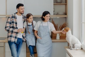 Friendly positive family members stand together at kitchen, play with dog, mother and daughter wear aprons, father drinks fresh juice, enjoy domestic atmosphere. People, relationship, home concept