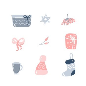 Christmas holiday decoration icons set with leaves, hat, socks, ribbon and other items. Elements isolated vector illustration bundle.. Christmas holiday decoration icons set with leaves, hat, socks, ribbon and other items. Elements isolated vector illustration bundle