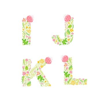 Vector Hand Drawn floral uppercase letter monograms or logo. Uppercase Letters I, J, K, L with Flowers and Branches Blossom. Floral Design.. Vector Hand Drawn floral uppercase letter monograms or logo. Uppercase Letters I, J, K, L with Flowers and Branches Blossom. Floral Design