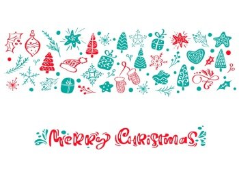 Merry Christmas vector calligraphy lettering text. Xmas scandinavian greeting card. Hand drawn illustration of a cute funny winter elements. Isolated objects.. Merry Christmas vector calligraphy lettering text. Xmas scandinavian greeting card. Hand drawn illustration of a cute funny winter elements. Isolated objects