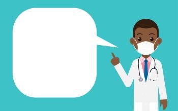Cartoon black man doctor wearing protective mask and pointing finger with a speech bubble