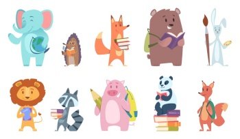 School animals. Funny zoo kids with backpacks and other school equipment squirrel elephant bear fox vector characters. Some animals back to school illustration. School animals. Funny zoo kids with backpacks and other school equipment squirrel elephant bear fox vector characters