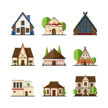 Traditional buildings. Houses and constructions of different countries europe asian indian african tent vectors. Building architecture, house traditional exterior illustration. Traditional buildings. Houses and constructions of different countries europe asian indian african tent vectors