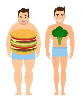 Man on a diet concept vector illustration. Man eating burgers or eating healthy food result. Man on a diet