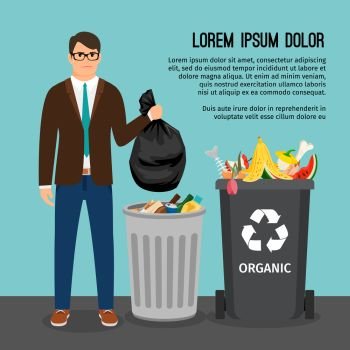 Man holding a big trash bag, near the garbage container, vector illustration. Man with trash bag