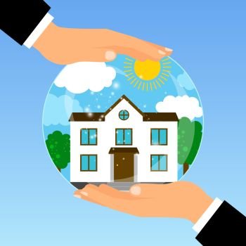 Businessman holding a glass bowl with dream of his own house, vector illustration. Hand holding glass bowl with house