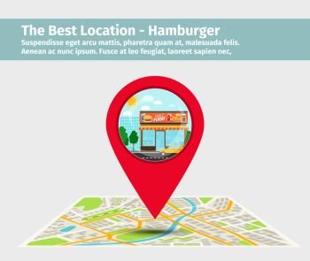The best location hamburger. Point on the map with building illustration, vector. The best location hamburger