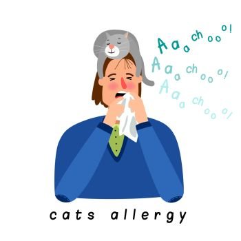 Cat allergy woman. Cartoon girl with season allergic rhinitis, woman nose blowing cats disease reaction vector illustration. Cat allergy woman