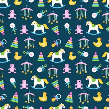 Cute babies toys seamless pattern vector design. Toys for baby child, bear and horse illustration. Cute babies toys seamless pattern vector design