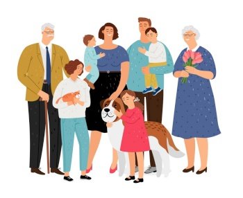 Big family. Father and mother, grandmother and grandfather, children and pet vector set. Big family with pet
