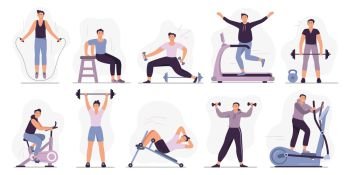Man at sport gym. Vector illustration set. Sport exercise male character, man do exercise in gym, fitness healthy for body. Man at sport gym. Vector illustration set