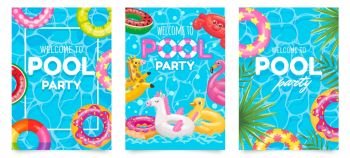 Pool party poster. Welcome to pool party flyer with swimming pool, floating rings and tropical leaves vector set. Pool summer party, poster or banner illustration. Pool party poster. Welcome to pool party flyer with swimming pool, floating rings and tropical leaves vector set