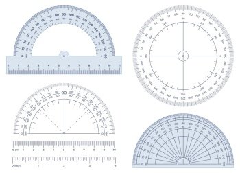 Protractor. Angles measuring tool, round 360 protractors scale and 180 degrees measure vector illustration set. Equipment protractor to angle measure, drafting chart. Protractor. Angles measuring tool, round 360 protractors scale and 180 degrees measure vector illustration set