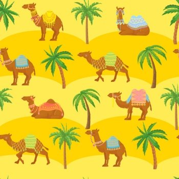 Seamless camel pattern. Cute cartoon camels in desert among sand dunes and palm trees. Egyption tribal vector wallpaper texture. Arabian dromedary characters for fabric print,. Seamless camel pattern. Cute cartoon camels in desert among sand dunes and palm trees. Egyption tribal vector wallpaper texture