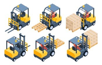 Forklift truck, storage equipment, storage racks, pallets with boxes. Vehicle for goods transportation and lifting. Back and front view, worker driving truck with carton vector illustration. Forklift truck, storage equipment, storage racks, pallets with boxes. Vehicle for goods transportation
