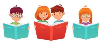 Kids reading book. Education boy girl, illustration vector children with open book read and study. Kids reading book. Education boy girl illustration