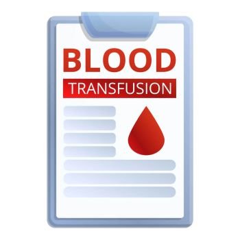 Blood transfusion clipboard icon. Cartoon of blood transfusion clipboard vector icon for web design isolated on white background. Blood transfusion clipboard icon, cartoon style