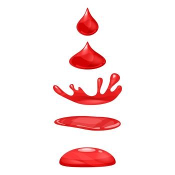 A drop of liquid, water falls and makes a splash. Drop of liquid, water falls and makes a splash, red colour. Phases, frames, for animation, cartoon style, vector, isolated