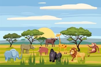 Set of cartoon african animals, background landscapes savanna. Safari animals , hippopotamus, rhinoceros, elephant, giraffe lion monkey buffalo. Set of cartoon african animals, background landscapes savanna. Safari animals , hippopotamus, rhinoceros, elephant, giraffe, lion, monkey, buffalo, cartoon style, vector, isolated