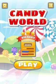 Game UI Candy World Match 3 set game buttons, and elements interface game design resource bar for games cartoon style. Game UI Candy World Match 3 set game buttons, and elements interface game design resource bar for games cartoon style. Sweet candy land game background Vector isolated illustration