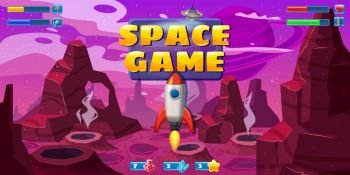Fantasy space cartoon game concept background and Ui basic buttons and icons. Fantasy space cartoon game concept background and Ui basic buttons and icons. Funny sci-fi alien planet landscape for a space arcade game level design. Vector isolated