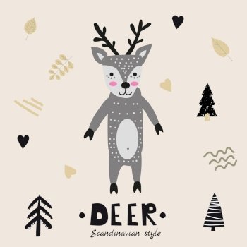 Deer cute funny character. Childish vector illustration in scandinavian style. Deer cute funny character.Childish vector illustration in scandinavian style flat design. Vector illusttration isolated concept for children print poster banner