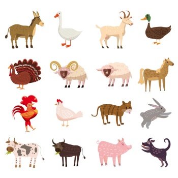 Set cute cartoon animals collection sheep, goat, cow, donkey, horse, pig, cat, dog duck goose chicken hen rooster bull rabbit turkey isolated. Farm animals cute set in cartoon style isolated on white background. Vector illustration. Cute cartoon animals collection sheep, goat, cow, donkey, horse, pig, cat, dog, duck, goose, chicken, ram, hen, rooster, bull, rabbit, turkey, isolated