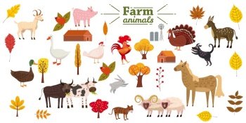 Big set of farm animals, pig, rabbit, cow, bull, cat, dog goose duck turkey donkey goat sheep ram. Big set of farm animals, pig, rabbit, cow, bull, cat, dog, goose, duck, turkey, donkey, goat, sheep, ram, modern stylized trees and leaves, autumn, vector, illustration, isolated