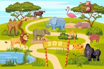 Zoo entrance gates cartoon poster with elephant giraffe lion safari animals and visitors on territory vector illustration. Zoo entrance gates cartoon poster with elephant giraffe lion safari animals and visitors