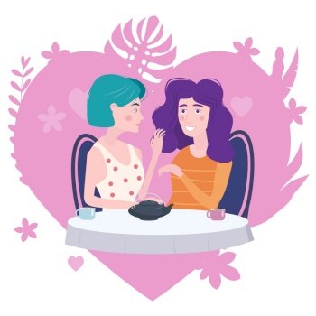 Romantic meeting of two girlfriends in a cafe. Sit drinking tea in chairs, have fun and relaxation. Romantic meeting of two girlfriends in a cafe. Sit drinking tea in chairs, have fun and relaxation from the meeting and conversation. Friendship and communication, love heart flora background concept. Vector illustration isolated flat style cartoon