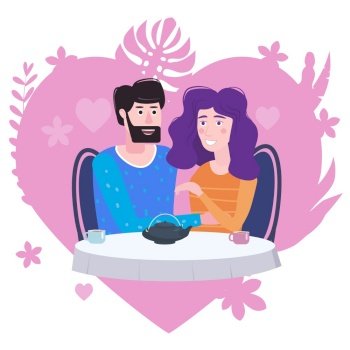 Loving couple is drinking tea in cafe. A man and a woman in love on date are sitting at a table. Loving couple is drinking tea in cafe. A man and a woman in love on date are sitting at a table. Love friendship and communication, love heart flora background concept. Vector illustration isolated flat style cartoon
