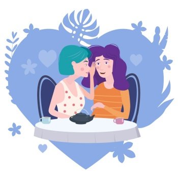 Woman whispering gossip, surprised, says rumors to other female character. Gossiping secret woman flat vector illustration.. Two girls gossiping surprised, says rumors to other female character. One excited girl whispers secret to girlfriend. Vector illustration isolated