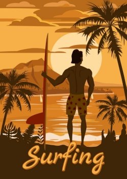 Surfer standing with surfboard on the tropical beach back view. Surfer standing with surfboard on the tropical beach back view. Surfing palms ocean theme retro vintage. Vector illustration isolated template poster banner