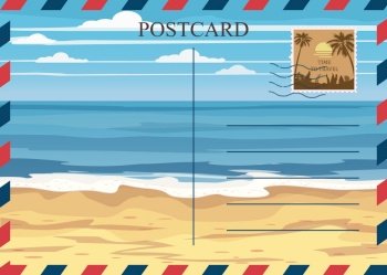 Postacrd summer vintage beach seaside ocean. Vacation travel design card with postage stamp. Postacrd summer vintage beach seaside ocean. Vacation travel design card with postage stamp. Vector illustration isolated template