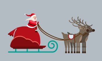 Santa Claus on a sleigh with deers and a huge bag of gifts. Santa Claus on a sleigh with deers and a huge bag of gifts. Vector isolated flat carton style illustration vector