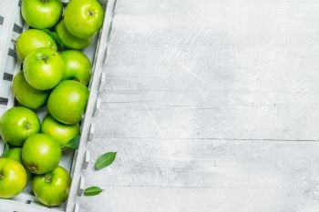Green apples in a plastic box. On white rustic background.. Green apples in a plastic box.