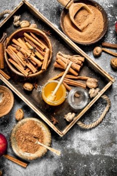 Honey with ground cinnamon and Apple. On rustic background .. Honey with ground cinnamon and Apple.