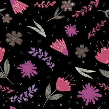 Modern cute forest little flowers and leaves seamless pattern on black background. Folk floral wallpaper. Design for book covers, graphic art, wrapping paper, fabric, textile. Vector illustration. Modern cute forest little flowers and leaves seamless pattern on black background. Folk floral wallpaper.