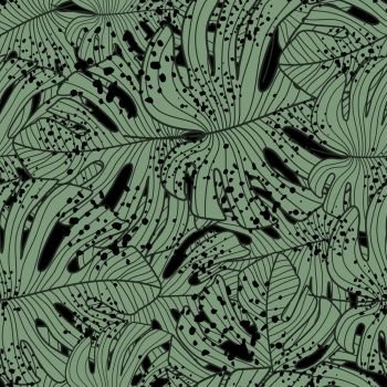 Green monstera line leaves seamless pattern. Botanical leaf backdrop. Modern exotic tropical wallpaper. Design for fabric, textile print, wrapping paper, fashion, interior, cover. Vector illustration. Green monstera line leaves seamless pattern. Botanical leaf backdrop.