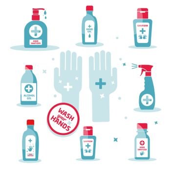 Vector hand sanitizer symbol set,alcohol bottle for hygiene, isolated on white, sign and icon template.. Vector hand sanitizer symbol, alcohol bottle for hygiene, isolated on white, sign and icon template, medical illustration.